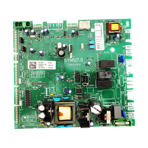 Placa Electrónica Saunier Duval Isomax Condens F35E SYMSI7.0, repuesto fotografiado sobre fondo blanco